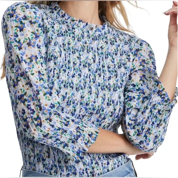 Veronica Beard Kali Smocked Blue and White Floral Blouse Women’s Size 14 - Picture 2 of 14